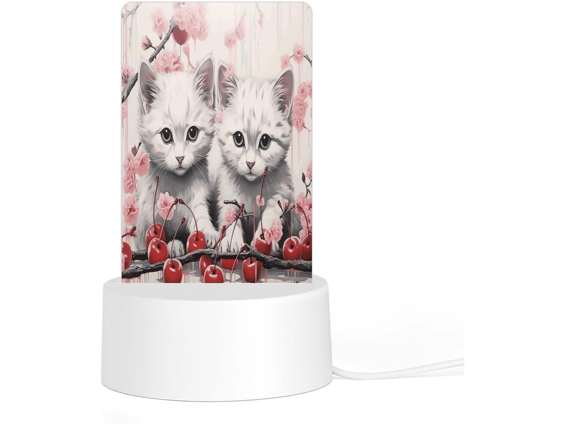 Luminária Noturna De Led Em Acrílico Com Base Plástica E Plugue, Estampa De Gato E Flor Cerejeira, Ideal Quarto