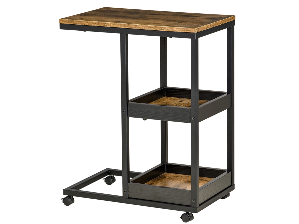 Mesa Lateral Com Rodízios Para Sofá Ou Cama, Estilo Industrial, Aço E Madeira, Marrom E Preto