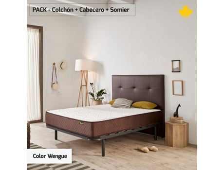 Pack Colchão e Cabeceira Estofada e Base de Cama DESCANSIN Silencioso e de Fácil Montagem (180 x 190 cm - Wengé)