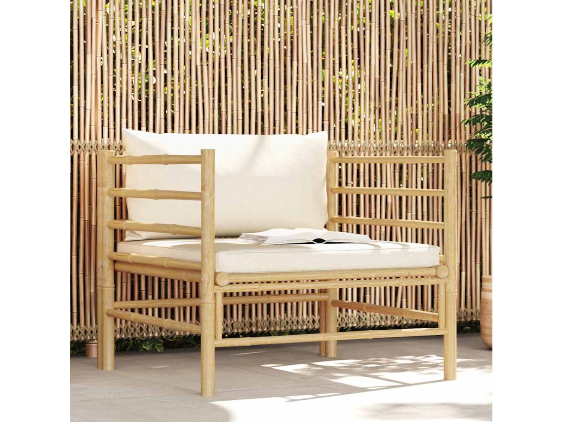 Vidaxl Sofá De Jardim Em Bambu Com Almofadões Branco Nata