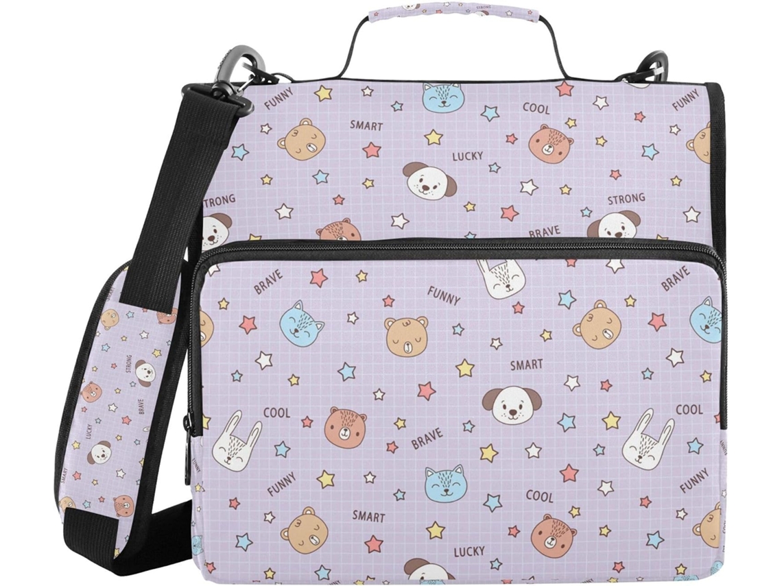 Organizador infantil Roxo com estampa de desenho animado, altura para ombro, diversos compartimentos, 3,8 cm de comprimento, 3 argolas.