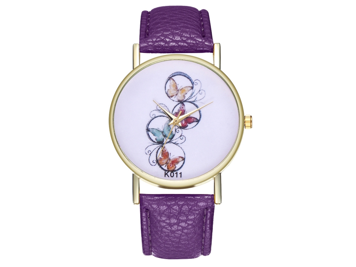 Relógio de Pulso Unissex de Quartzo com Pulseira de Couro Pu Padrão Borboleta Roxo