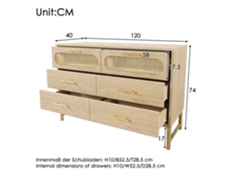 Cômoda Em Vime Seis Gavetas, Punhos Metálicos Anti-tombamento 120×40×74cm Acabamento Carvalho Sonoma