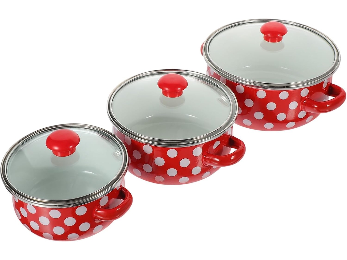 Conjunto De 3 Mini Panelas Esmaltadas Com Alças Duplas, Tamanhos 12 14 16 Cm, Vermelhas Com Bolinhas Gokoco