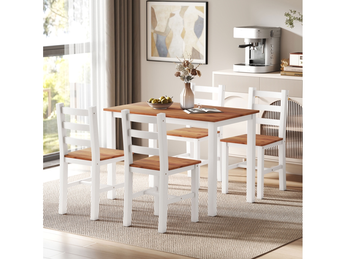 Conjunto De Sala De Jantar Com Mesa E 4 Cadeiras Em Madeira Pinho, Nas Cores Marrom E Branco
