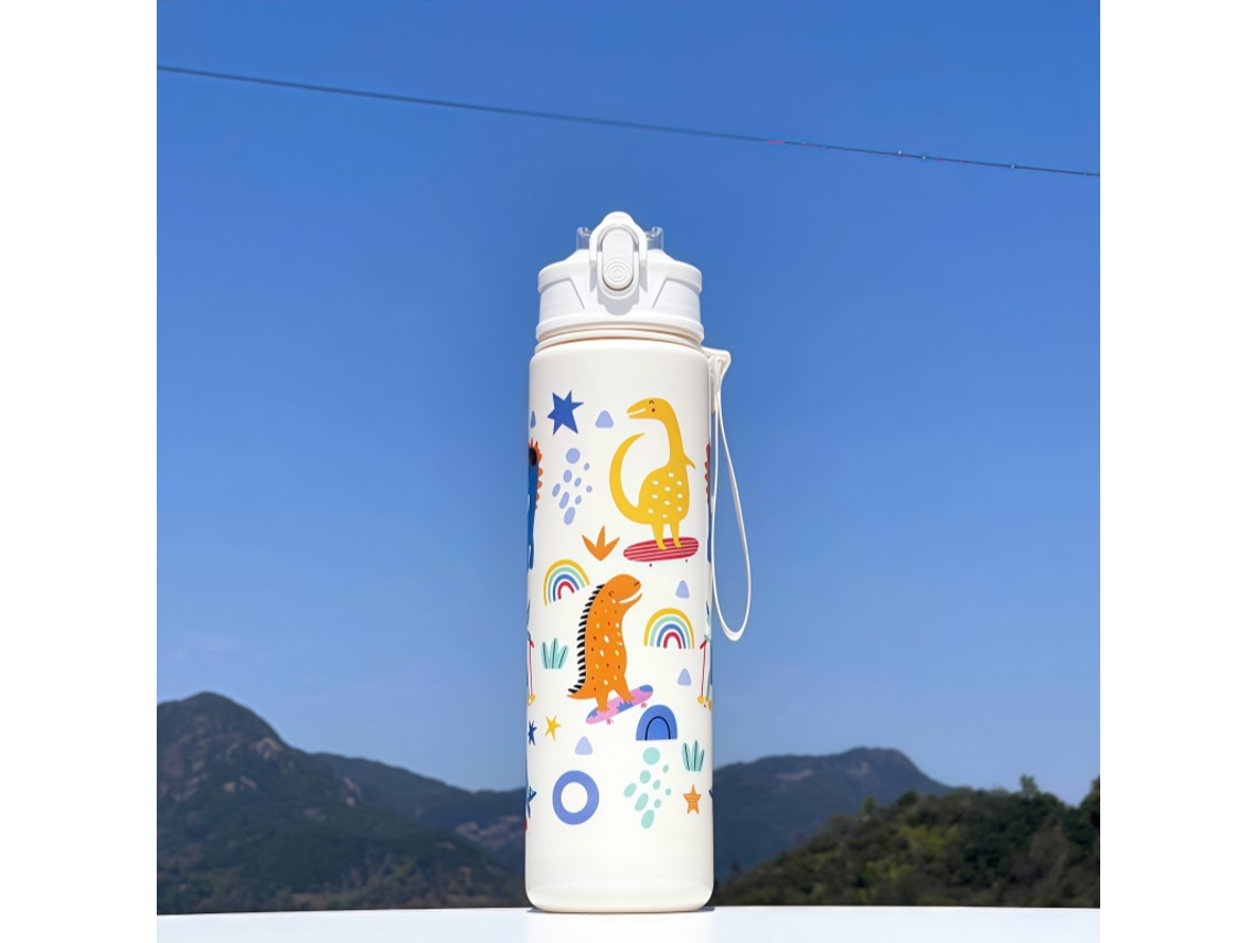 Garrafa de Água Infantil , Capacidade de 750ml, Feita de Plástico Ecológico. MDUG (dinossauro Branco)