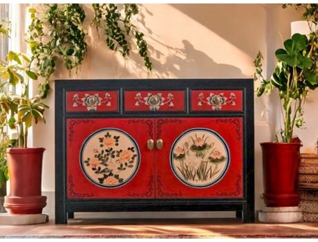 Cômoda Vintage Vermelho Preto Bege Armário Chinês Aparador Estilo Colonial Estilo Antigo Aparador Asiático Oriental Extremo Oriente Vintageasia