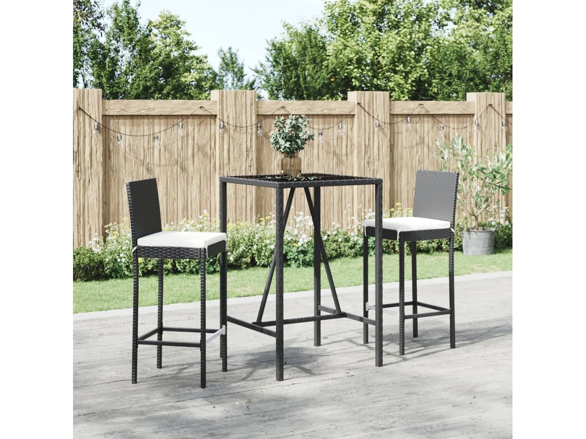 Conjunto Bar 3 Peças Para Jardim C/ Almofadões Vime Pe Preto Dkd Home Decor
