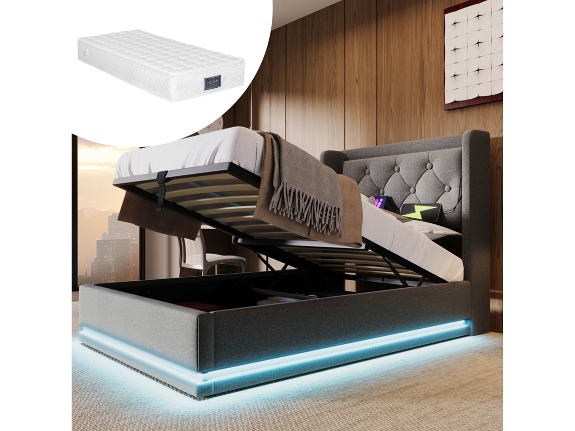 Cama De Casal Acolchoada Estofada Com Led Com Usb Com Cabeceira Acabamento Na Cor Cinza Tamanho 90x200 Cm