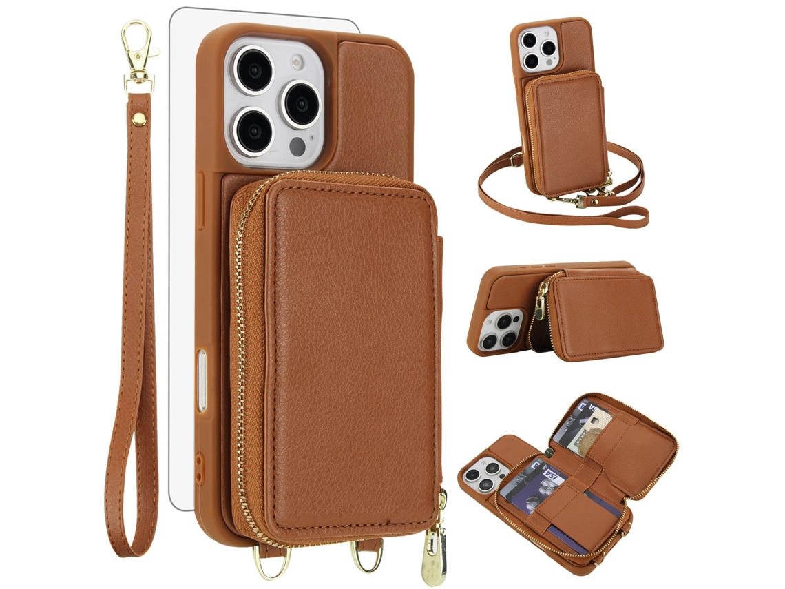 Capa Carteira Para Celular Em Couro Pu+tpu Com Protetor De Tela Para Iphone 16 Pro (6,3 Polegadas) - Marrom