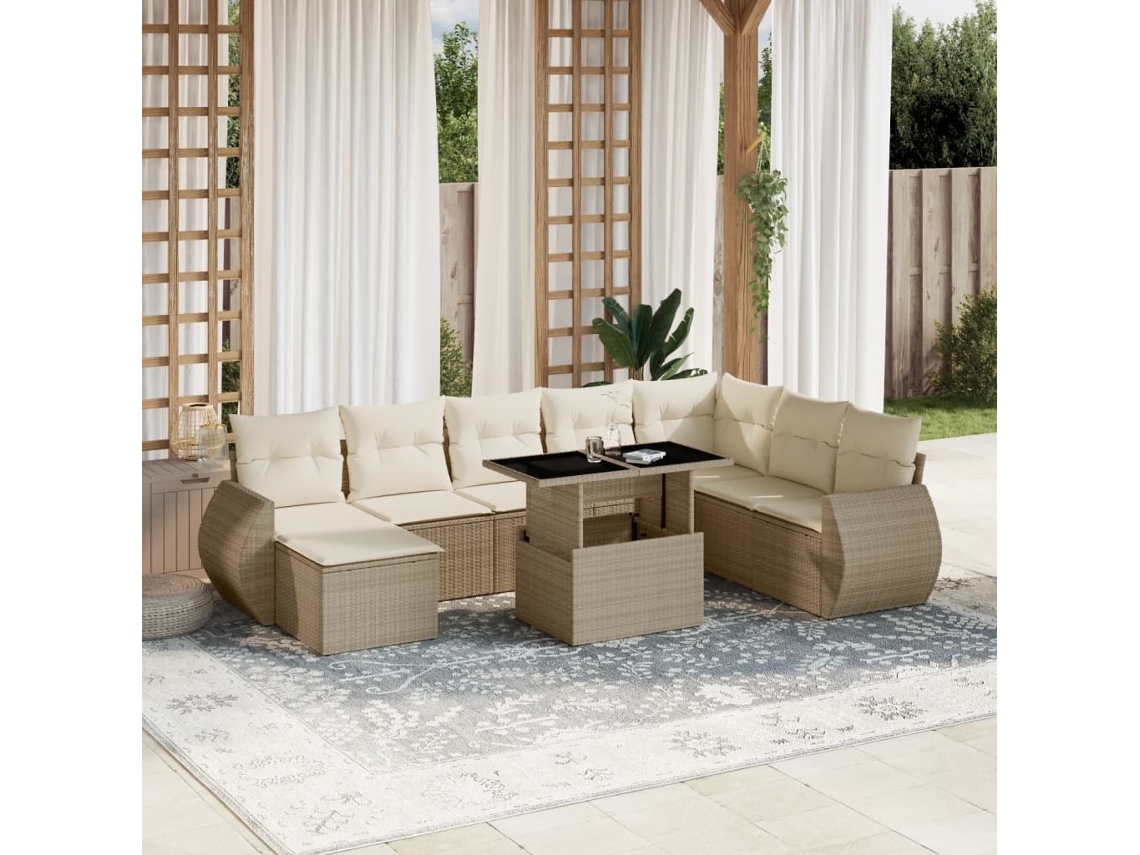 Vidaxl 9 Pcs Conjunto De Sofás P/ Jardim Com Almofadões Vime Pe Bege