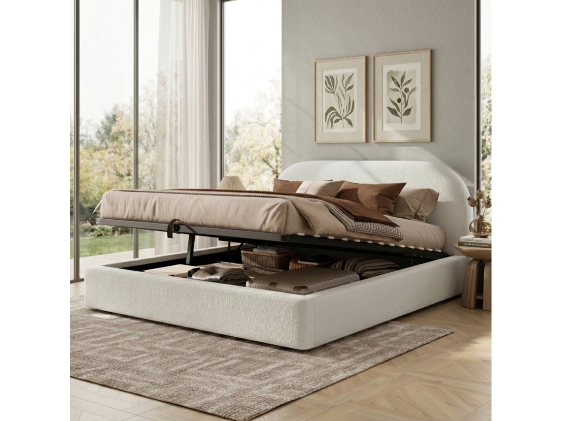 Cama Estofada Bouclé Bege 160x200 Cm