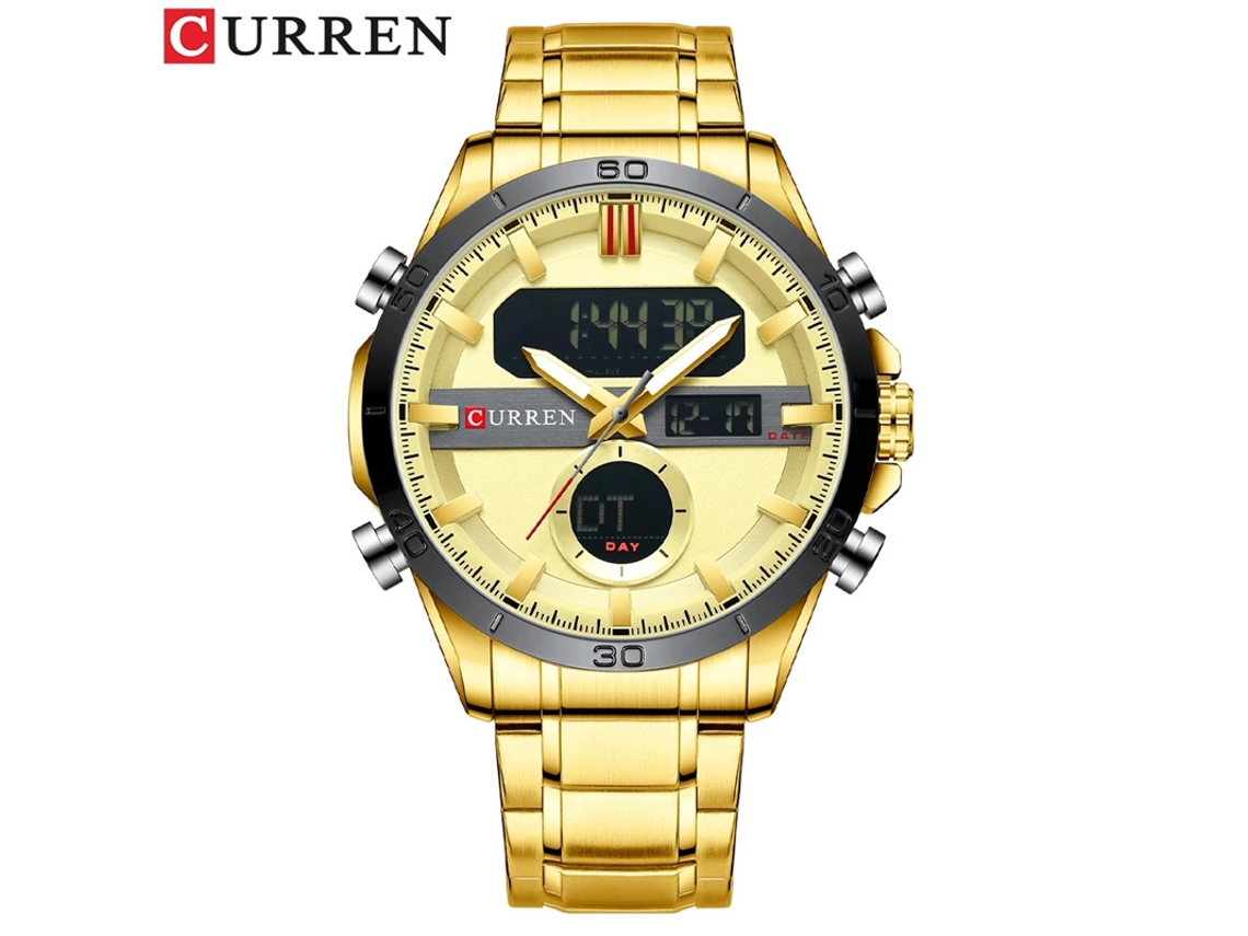 Relógio Multifuncional com Mecanismo de Dupla Exibição, Data Luminosa, Pulseira de Aço Inoxidável MDUG (dourado)