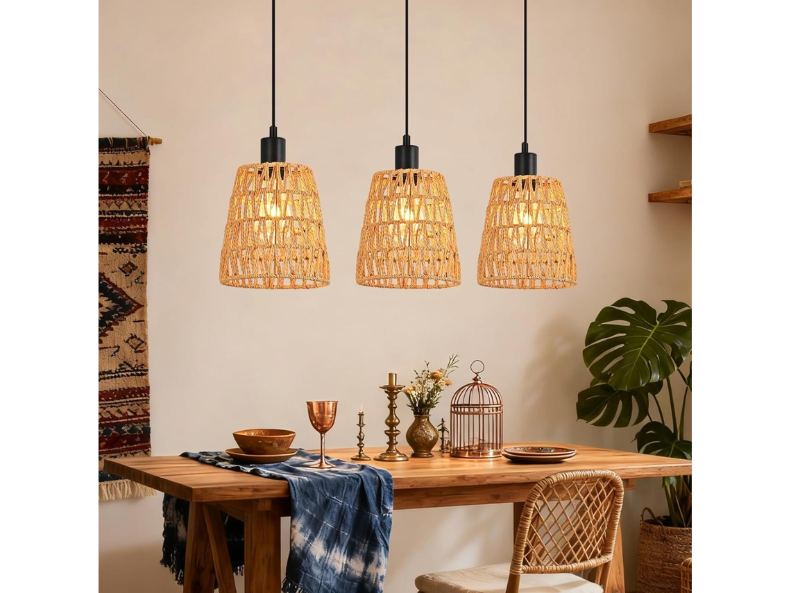 Luminária pendente boho NETTLIFE em rattan com 3 lâmpadas E27 de estilo vintage com acabamento brilhante (lâmpadas não incluídas).
