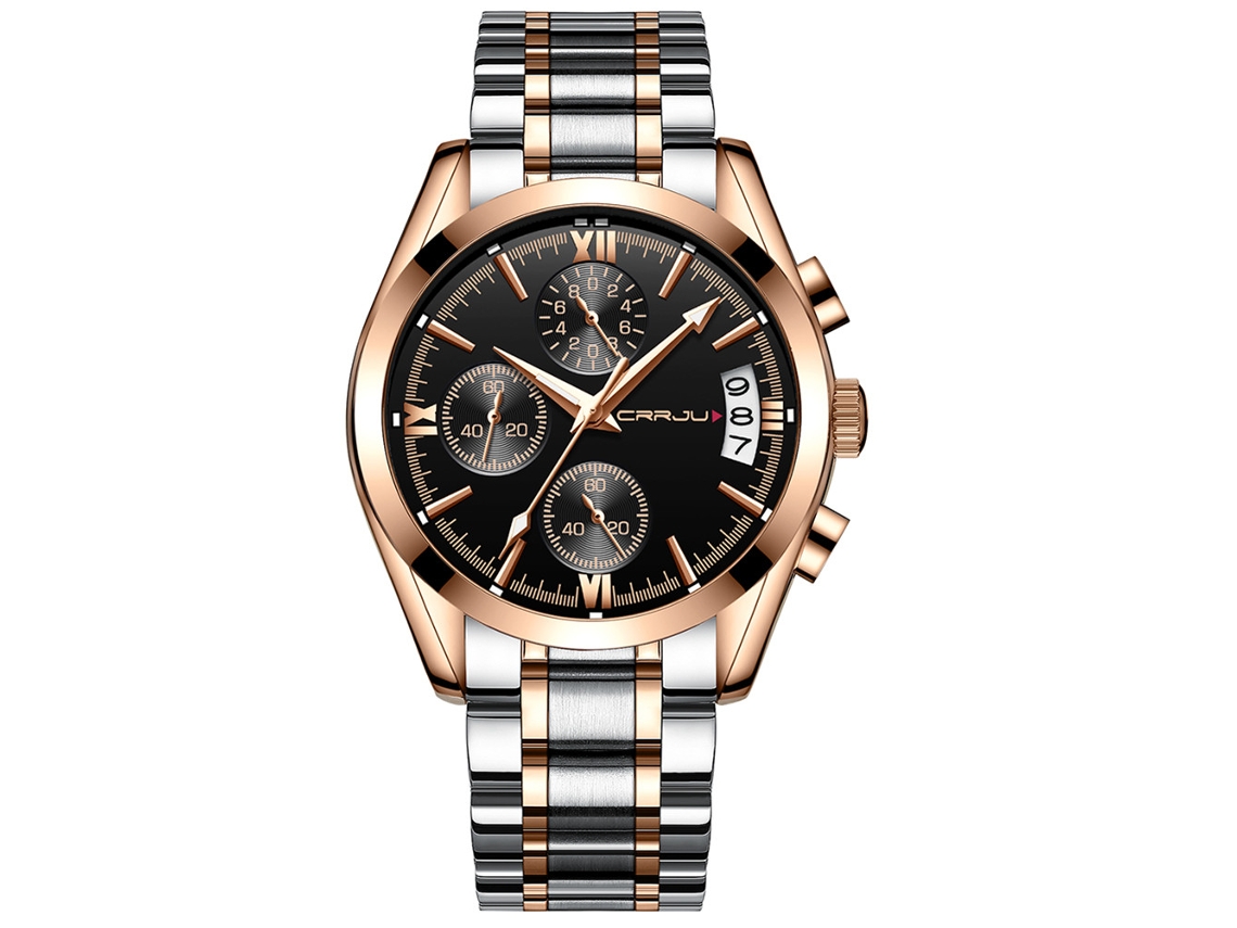 Relógio masculino de quartzo com pulseira de aço inoxidável, mostrador redondo, 3 fusos horários, preto com detalhes em vermelho/rosa.