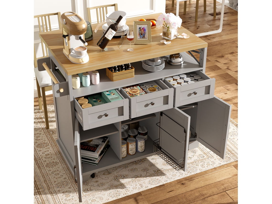 Ilha Cozinha Cinza 118x43-80x98cm, Madeira Com Rodas, Divisórias Removíveis, Suporte Toalhas. Cs