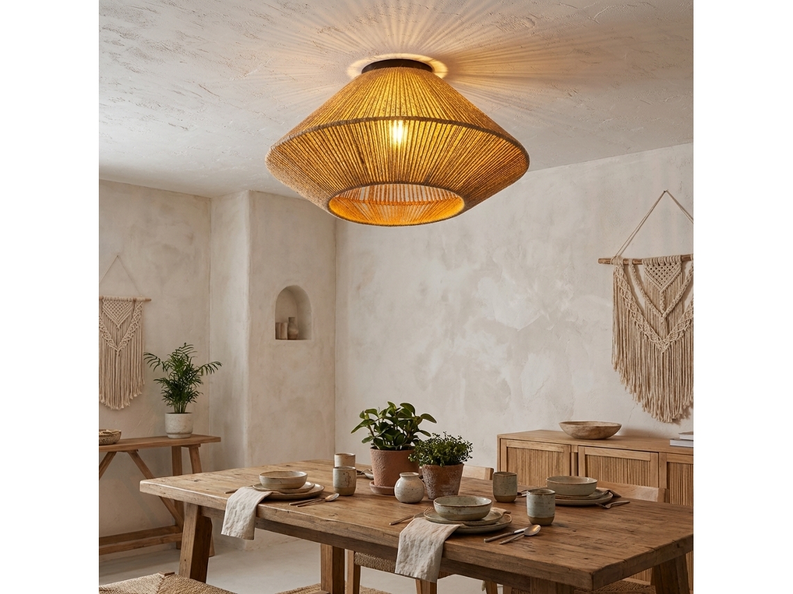 Plafon “suna” Em Juta Natural Ø430x220 Mm, Luminária Artesanal Estilo Boho