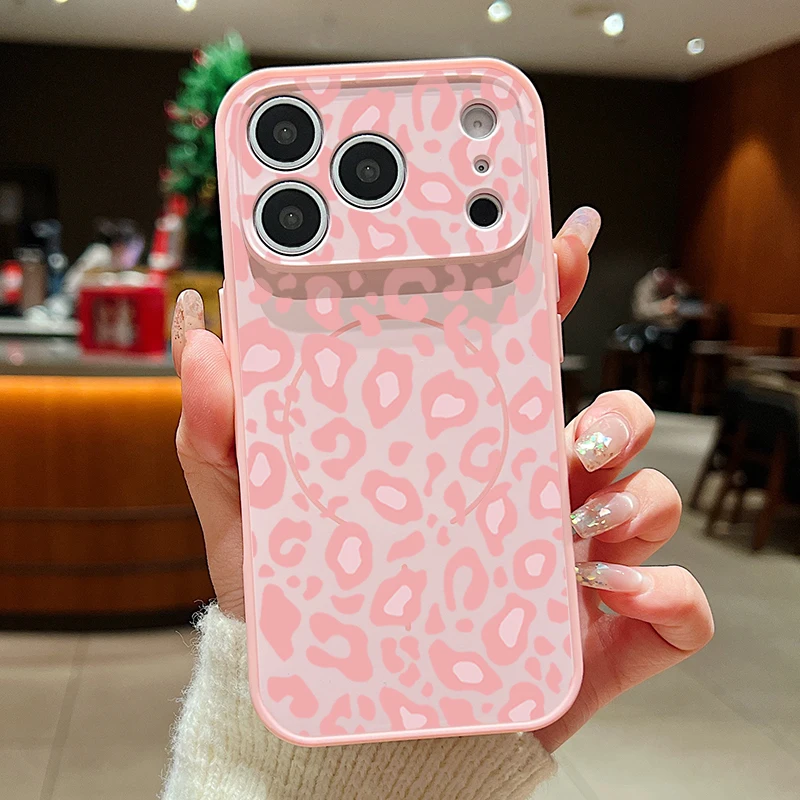 Capa Magnética Para Iphone 15 Pro Max Com Estampa De Leopardo (rosa), Proteção De Lente Resistente A Impactos.