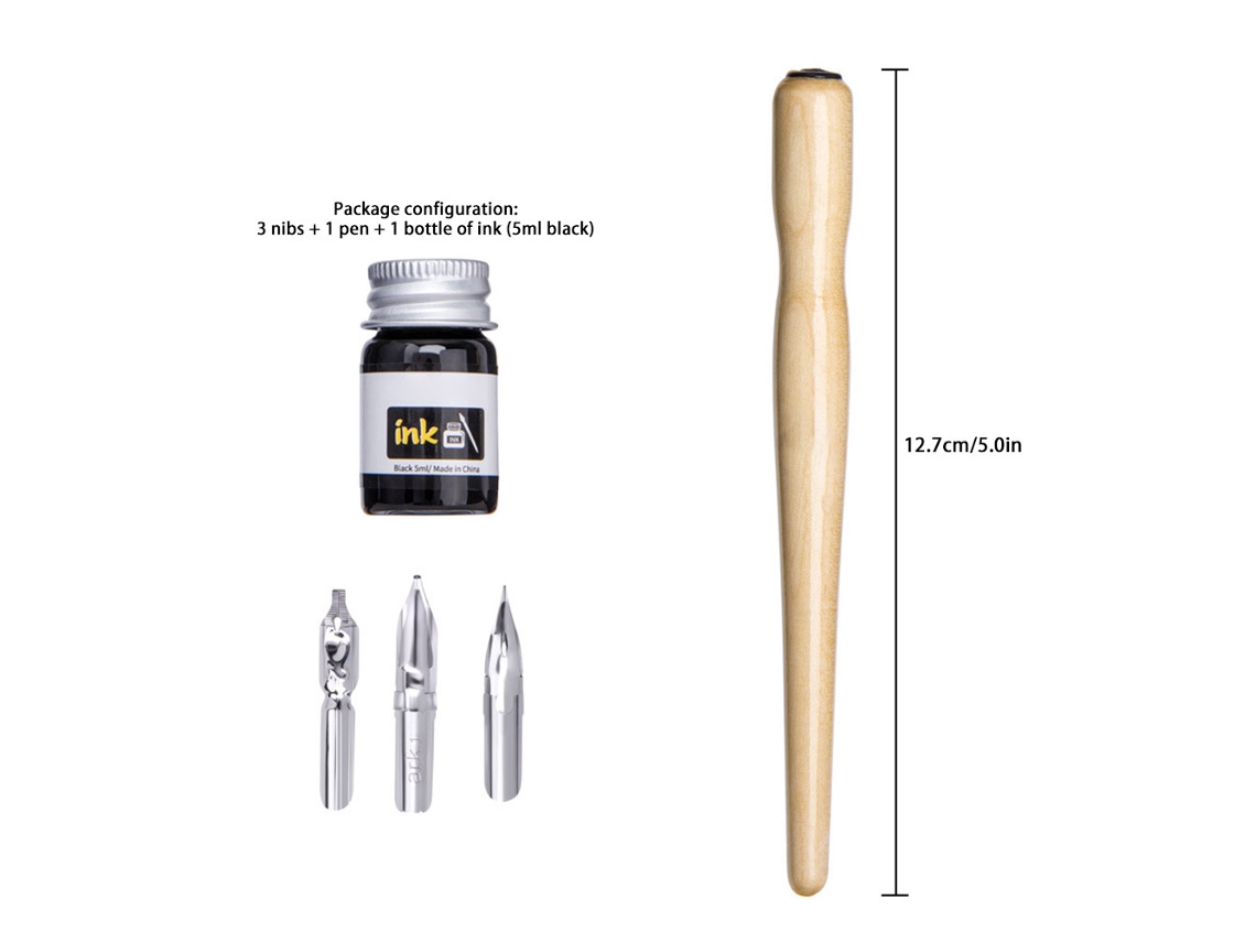Conjunto de Canetas para Caligrafia e Desenho com 3 Pontas, Suporte de Madeira e Tinta Art Supplies Escolares