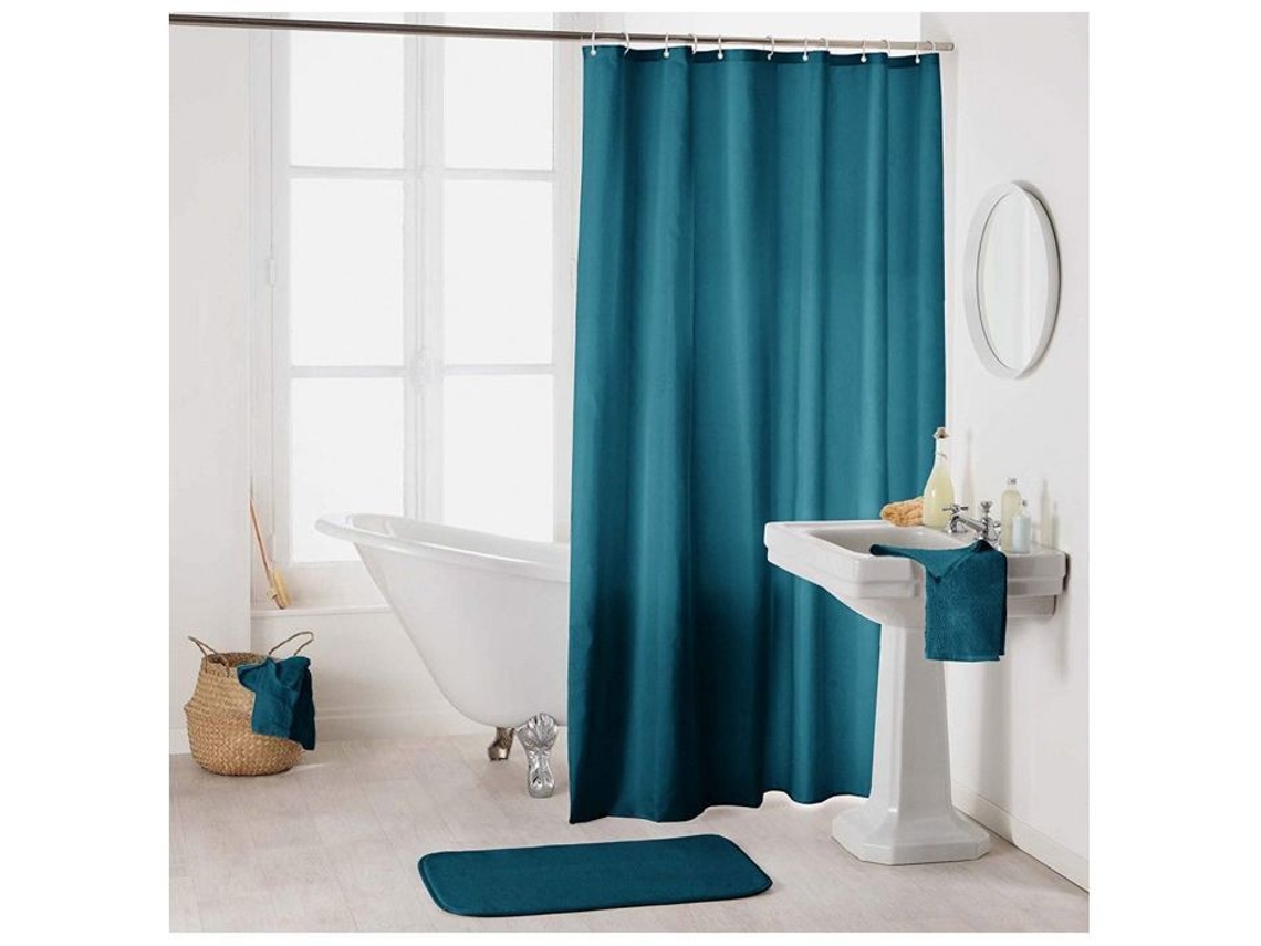 Cortina De Chuveiro Em Poliéster Lisa Com Ganchos - L 200 X L 180 Cm - Azul Petróleo