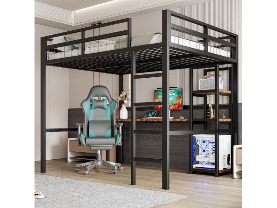 Cama Alta, 140 X 200 Cm, Estrutura De Ferro, Várias Prateleiras, Escrivaninha Com Tomada, Com Usb Tipo C, Corrimão, Escada, Sem Colchão, Preta
