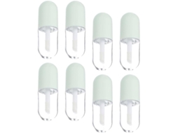 Embalagem com 8 tubos labiais vazios e recicláveis de 5ml, feitos de plástico e polipropileno.