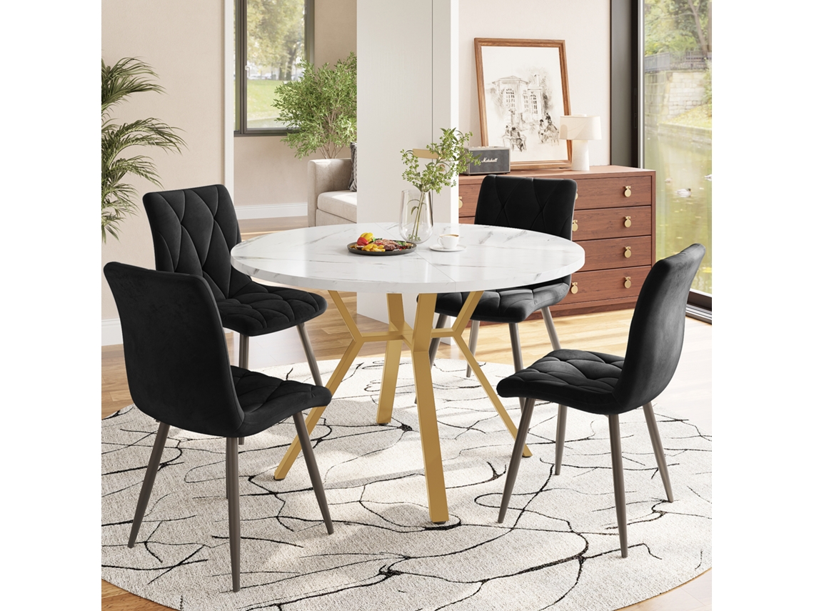 Conjunto Jantar 5pç, Mesa Hexagonal Mármore + 4 Cadeiras Veludo Cinza, Pernas Douradas. Cs
