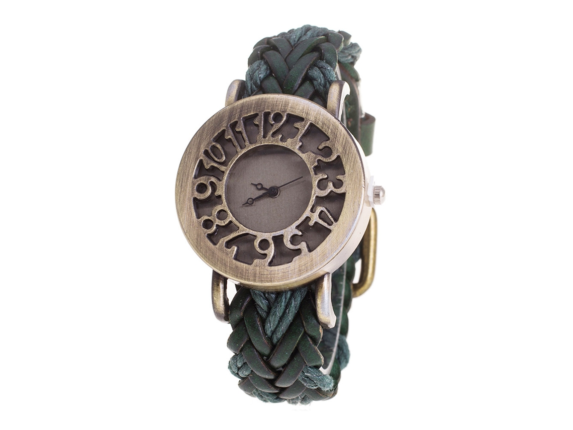 Relógio de pulso vintage de quartzo com mostrador vazado e pulseira de PU trançada para homens e mulheres (verde)