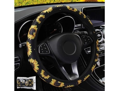 Capa de Volante Do Carro Girassol Flor Impressão Estiramento Neoprene para Volante 37-38Cm Preto VOLIBEAR
