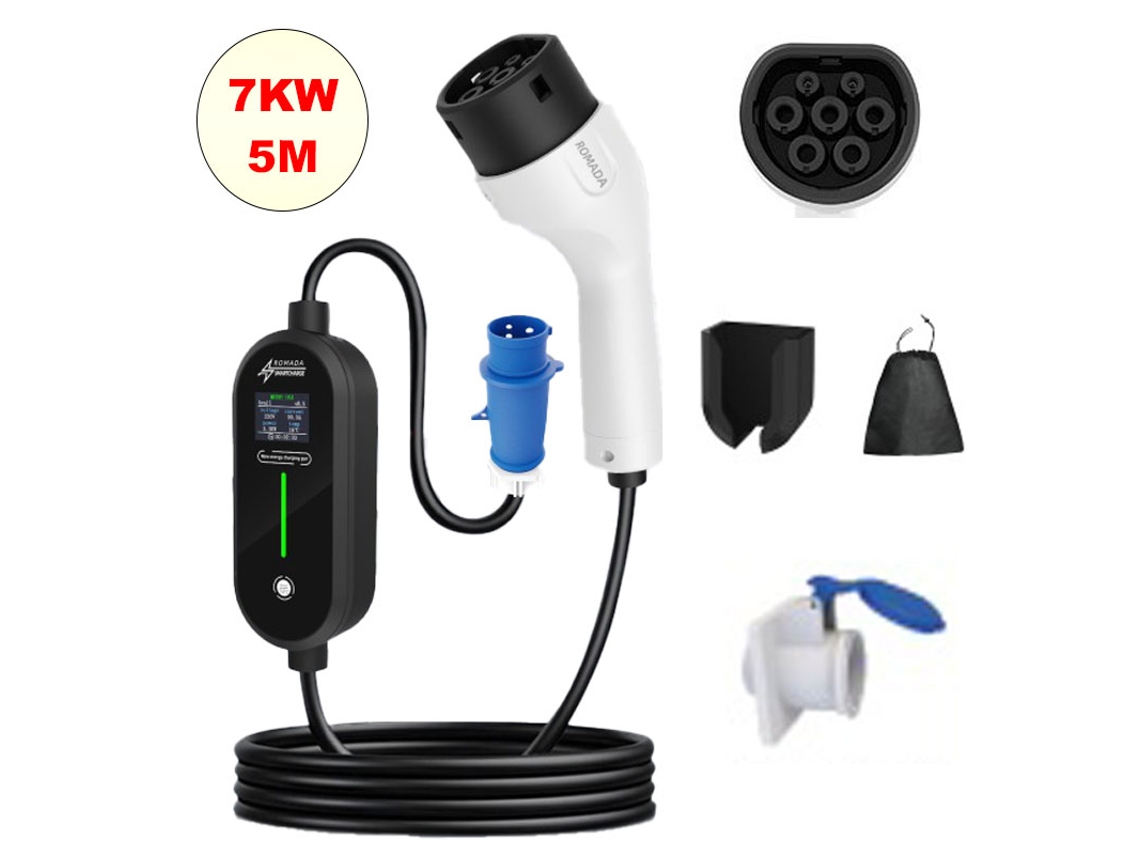 Carregador Portátil Carro Elétrico Tipo 2 SZSMART Rm0 7kw 32a Monofásico Ajustável, Ecrã Lcd, Ficha Cee 7/7, Cabo 5m