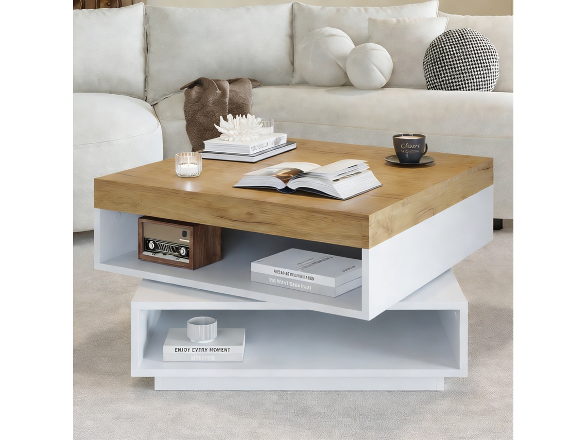 Mesa Centro Quadrada 65x65x40cm Giratória 360 Led Branca Madeira