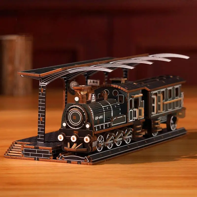 Modelo 3d de Trem a Vapor em Madeira Kit de Montagem de Locomotiva Diy MDUG
