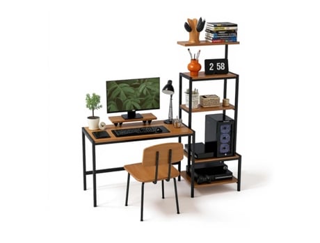 Mesa de computador Fozuanei com prateleira e suporte para monitor, design industrial retrô, ideal para escritório e casa.
