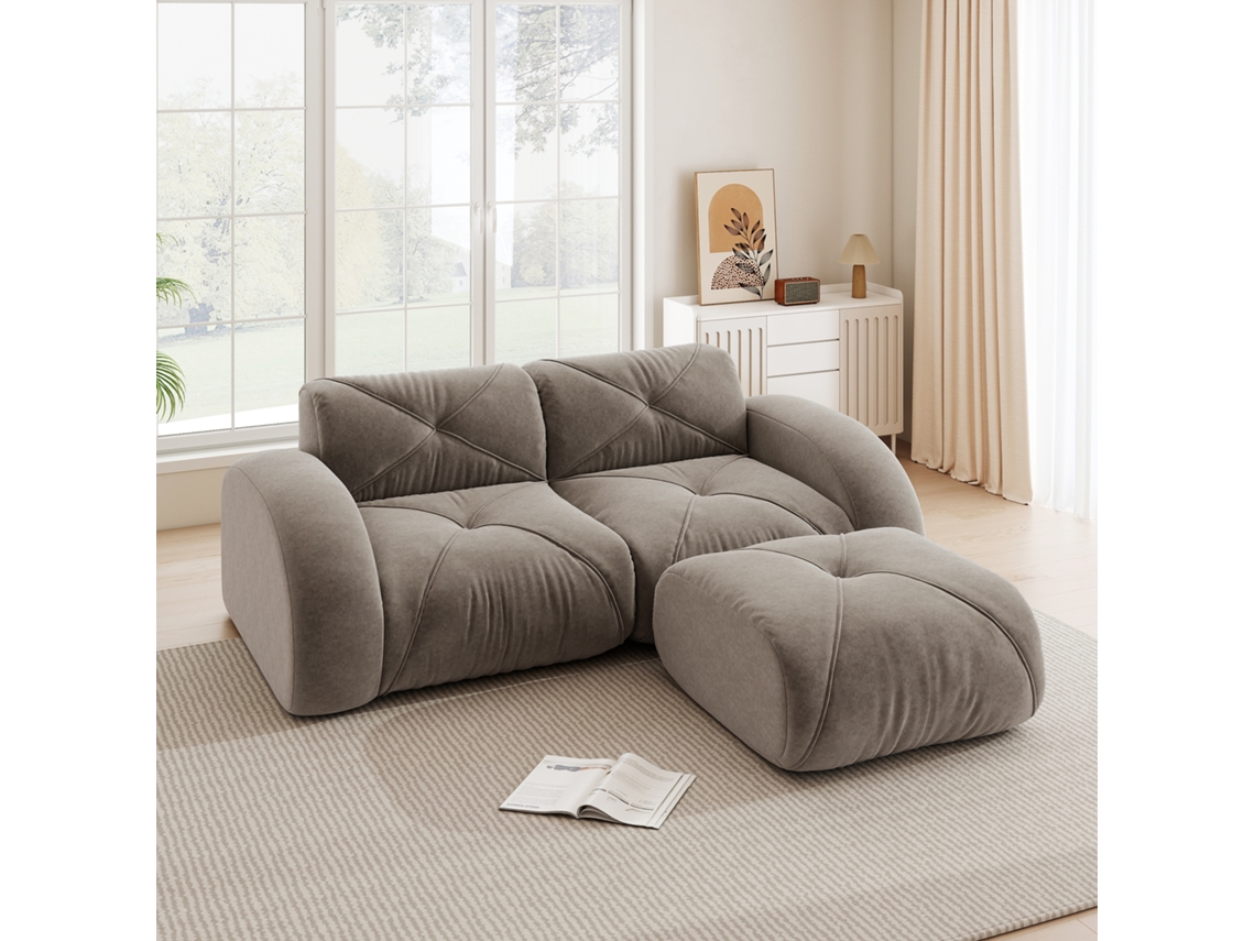 Sofá Modular 2 Lugares Com Pufe Em Chenille Resistente, Marrom