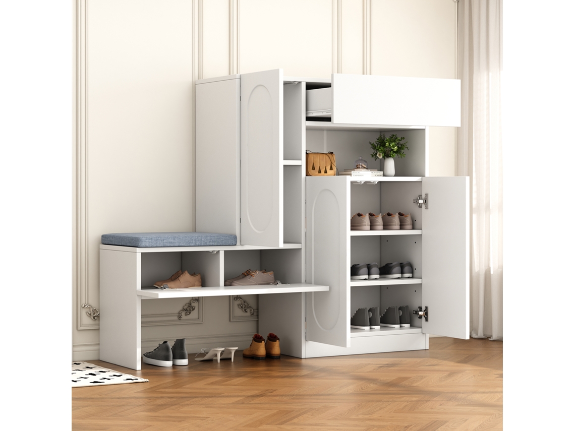 Armário 2-em-1 Branco 130x35x110cm, Portas Curvas, Banco.-xm