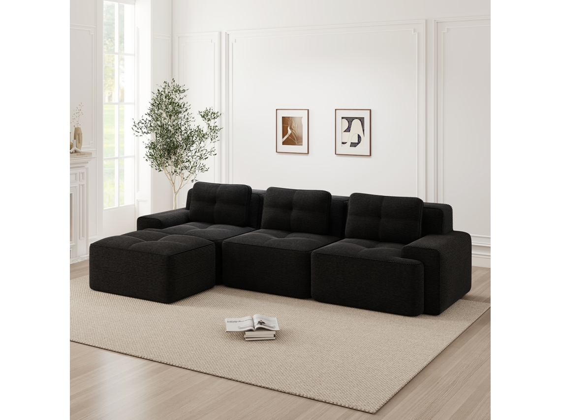 Sofá Modular Em L De 3 Lugares - Com Otomano, Estofado Em Veludo Cotelê - Preto