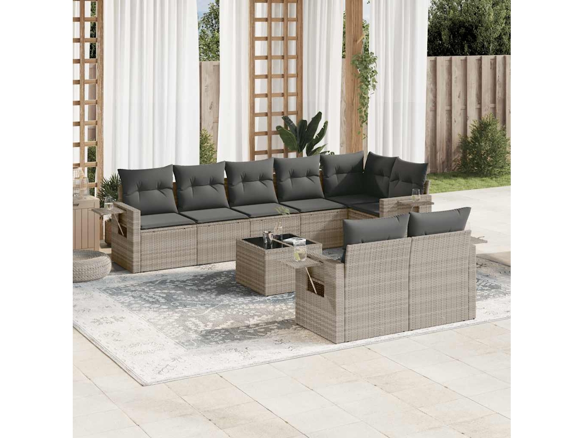 Vidaxl 9 Pcs Conj. Sofás Jardim Com Almofadões Vime Pe Cinzento-claro