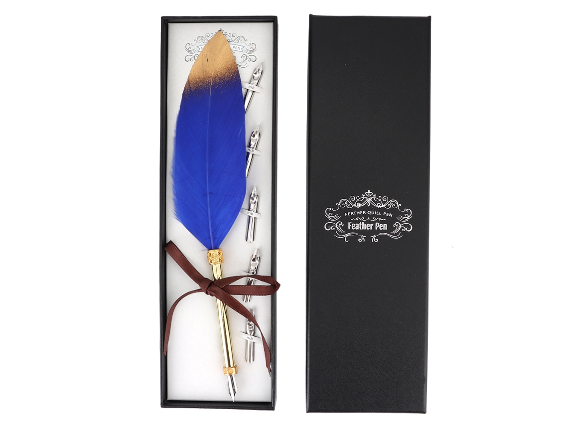 Kit Caneta Pluma Clássica Retro Para Estudante Azul