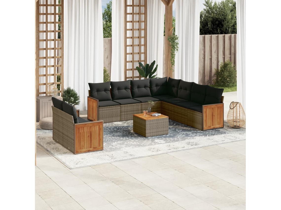 Vidaxl 10 Pcs Conjunto Sofás De Jardim C/ Almofadões Vime Pe Cinzento