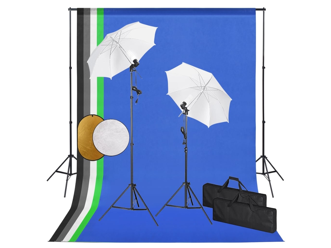 Vidaxl Kit Estúdio Fotográfico Com Lâmpadas/sombrinhas/fundo/refletor