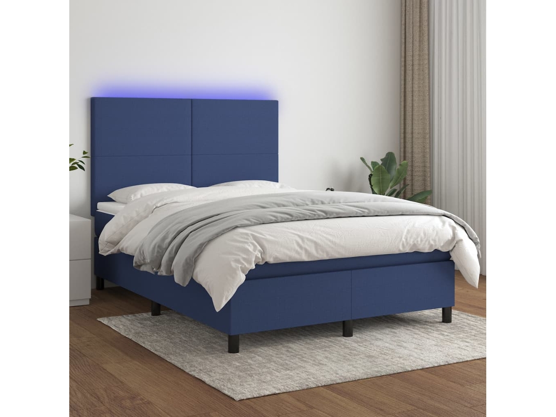 Vidaxl Cama Box Spring C/ Colchão E Led 140x200 Cm Tecido Azul