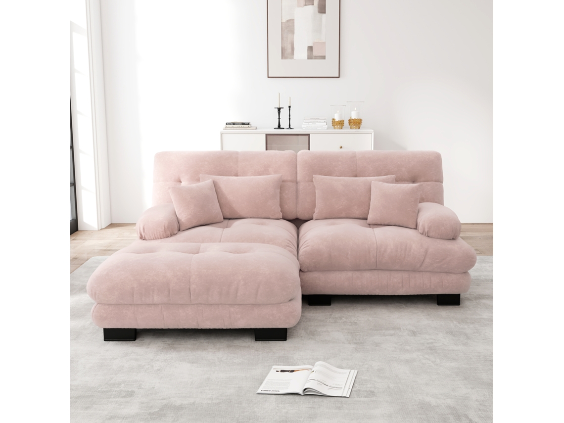 Sofá Canto Rosa Chenille, 2l, 2 Almofadas, Puff.-kd