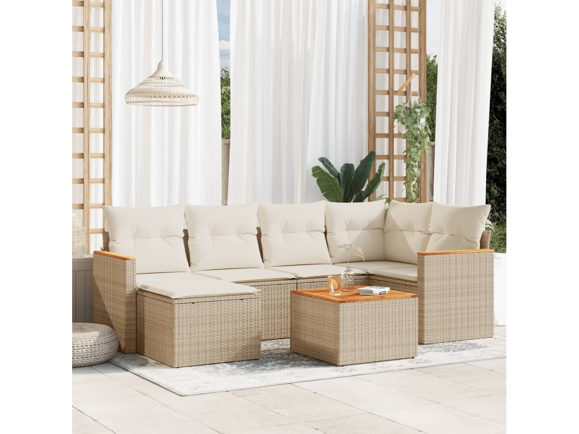 Vidaxl 7 Pcs Conjunto de Sofás P/ Jardim com Almofadões Vime Pe Bege