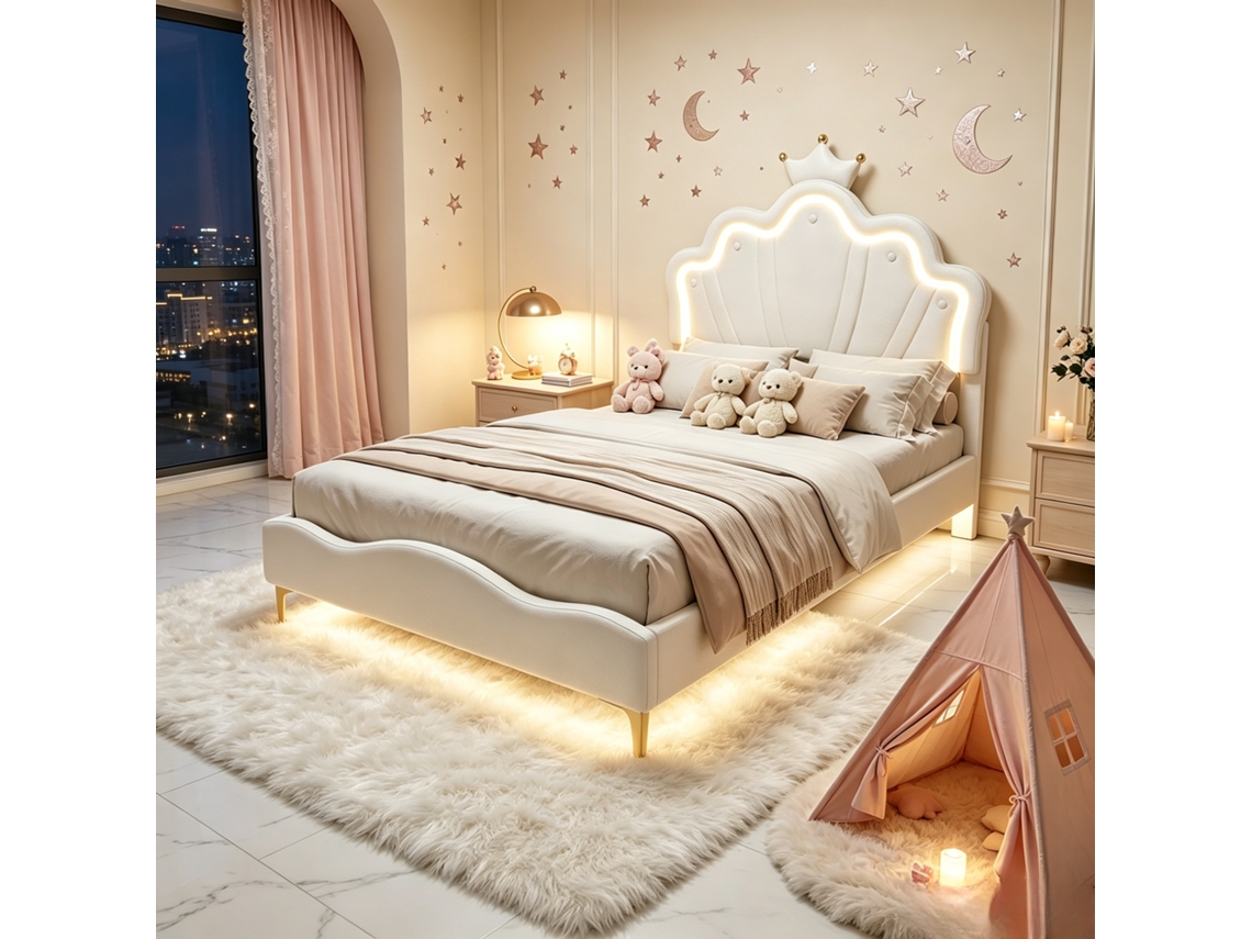 Cama Infantil Princesa 140x190cm, Cabeceira Nuvem Coroa em Couro Pu, Led RGB, Base com Ripas, Branco