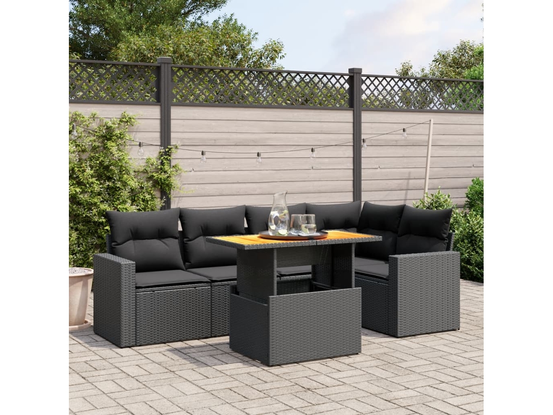 Vidaxl 6 Pcs Conjunto Sofás De Jardim C/ Almofadões Vime Pe Preto