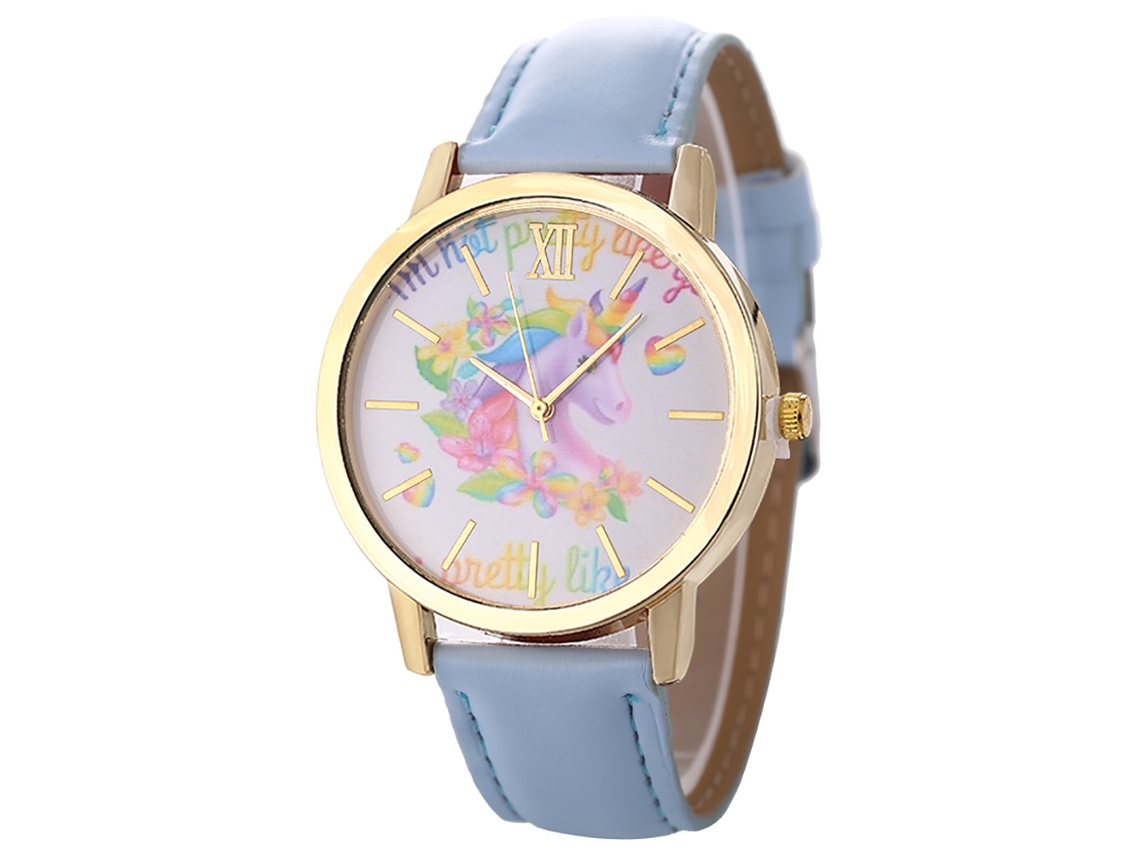 Relógio de pulso unicórnio feminino, couro PU, estilo casual Zlf0573-f, azul claro