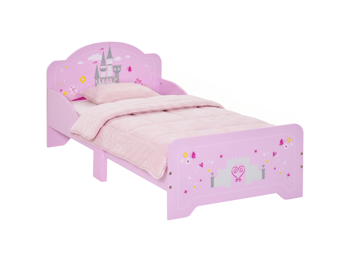 Cama Infantil De Madeira Com Bordas Elevadas, 143x73x60 Cm, Rosa
