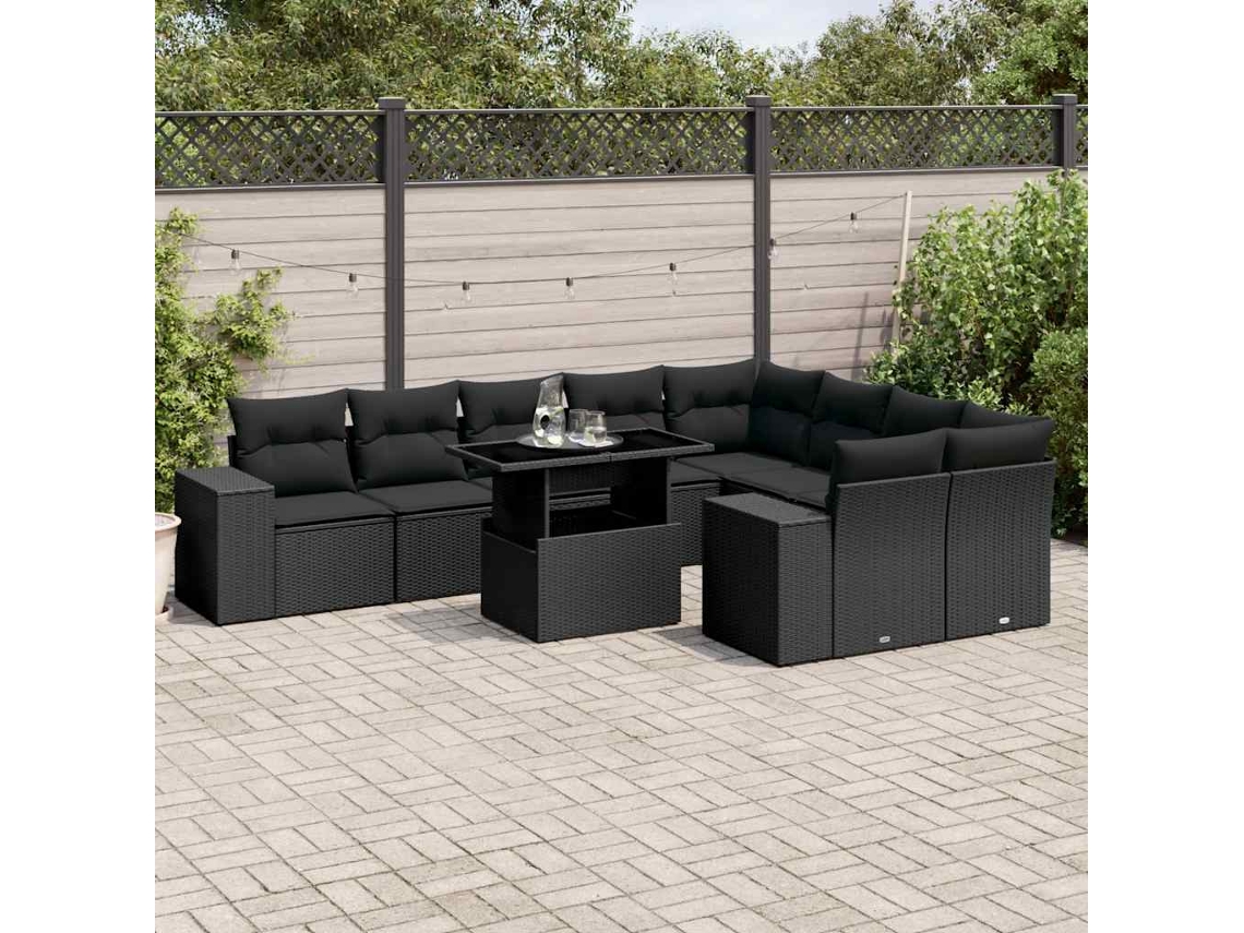 Vidaxl 10 Pcs Conjunto Sofás De Jardim C/ Almofadões Vime Pe Preto