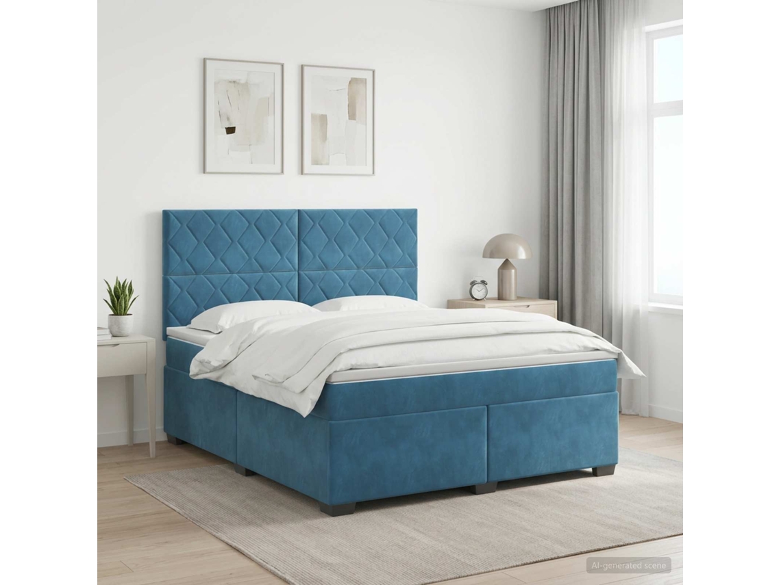 Vidaxl Cama Box Spring Com Colchão Azul 180 X 200 Cm Veludo
