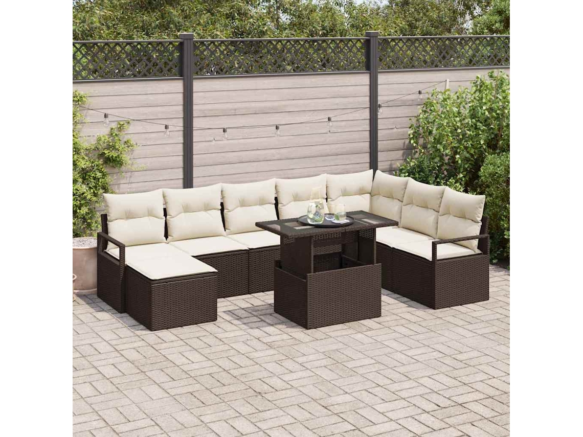 Vidaxl Conjunto De Sofá De Jardim Com Almofada 9 Pcs Castanho E Creme
